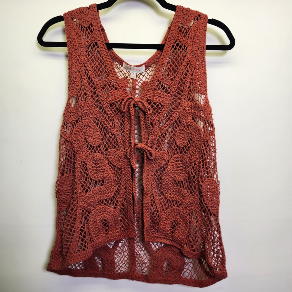 Adiva Open Knit Crochet Sweater Vest 3 Tie Front Lrg 100% Cotton Rust Terracotta